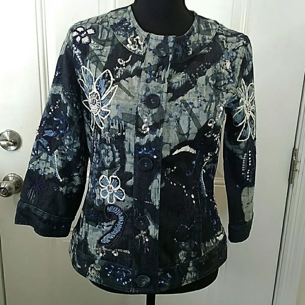 Chico's sequins and embroider denim jacket